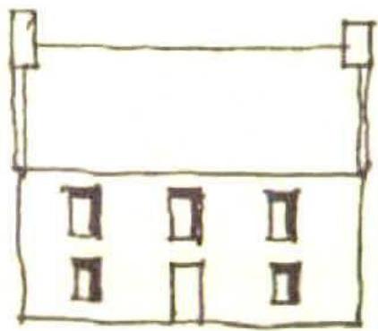 A crude hand-drawn sketch depicting the front elevation of a building with a central door and flanking windows.