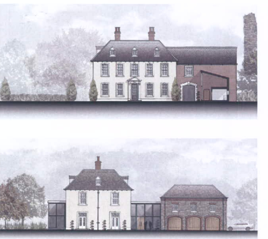 Architectural perspective drawings showing a large white house and adjacent brick/stone buildings with proposed modern extensions.