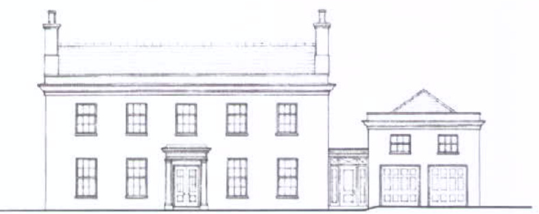 An architectural elevation drawing showing a two-story detached house with a symmetrical facade and an attached single-bay garage.
