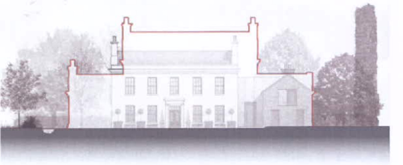 Architectural elevation drawing of a two-storey detached house with a red outline tracing the roofline and walls.