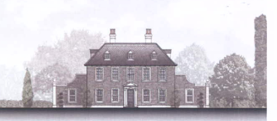 An architectural elevation rendering of a large, two-story brick house with side wings and dormer windows.