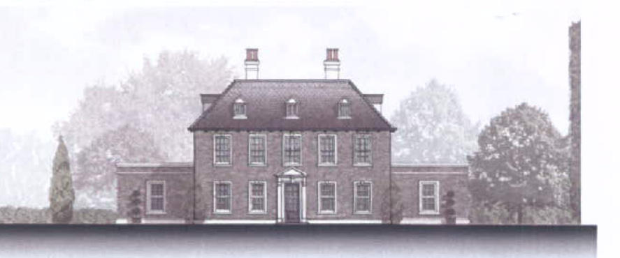 An architectural elevation sketch of a large two-story brick dwelling with side wings and dormer windows.