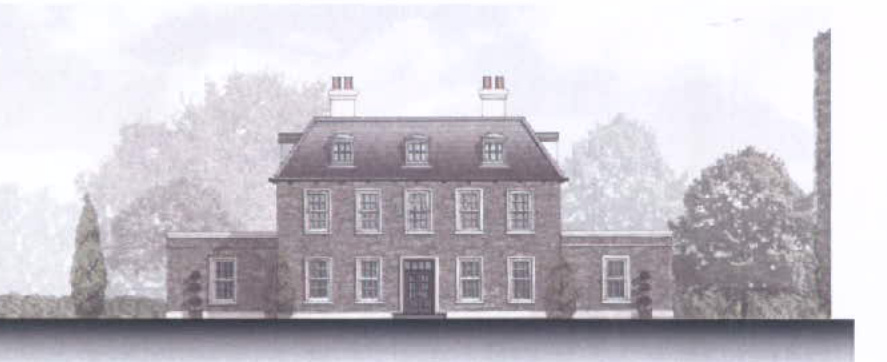 An architectural elevation sketch or rendering of a proposed two-story brick replacement dwelling with symmetrical windows and side wings.