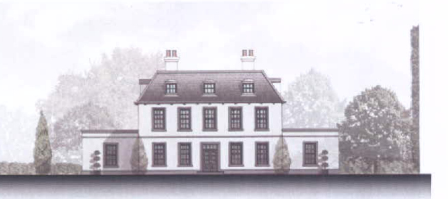An architectural perspective drawing or elevation of a large, white, two-story detached house with a central gable and lower wings, surrounded by trees and landscaping.