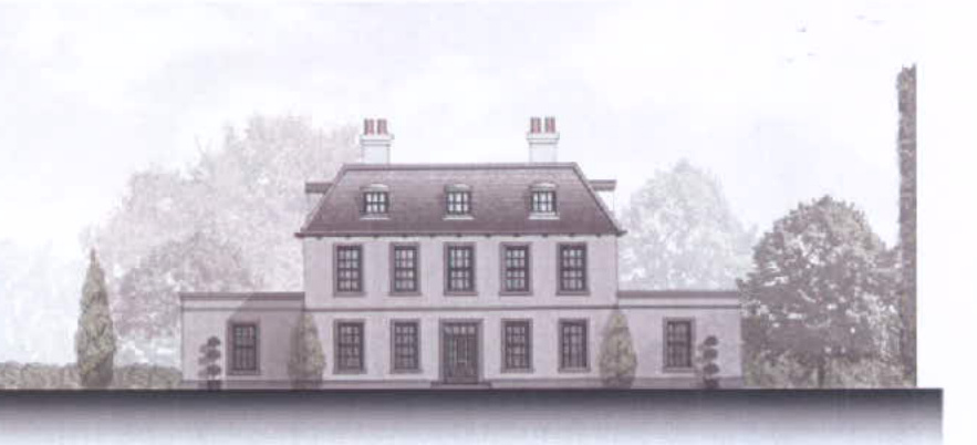 Architectural elevation sketch of a large two-storey detached house with lower wings and chimneys.