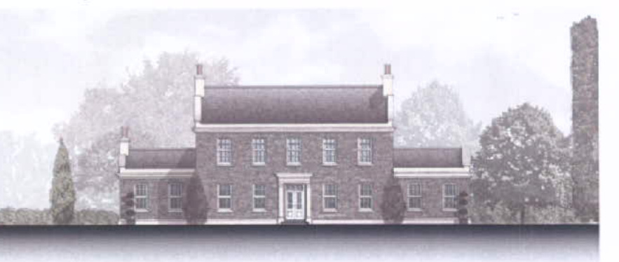 An architectural elevation drawing showing a large two-story brick replacement dwelling with symmetrical windows and surrounding trees.