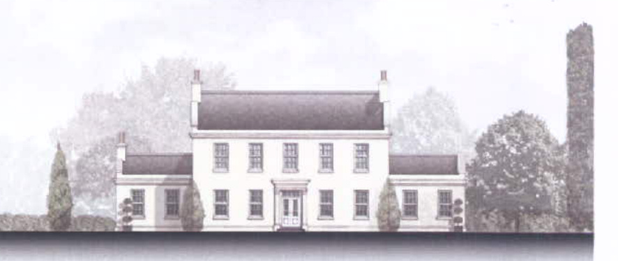 An architectural perspective elevation rendering of a large, white, two-story detached house with symmetrical windows and side wings.