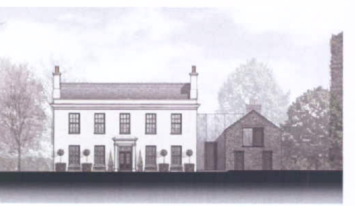 An architectural elevation sketch showing a proposed two-storey white replacement dwelling alongside an existing stone outbuilding.