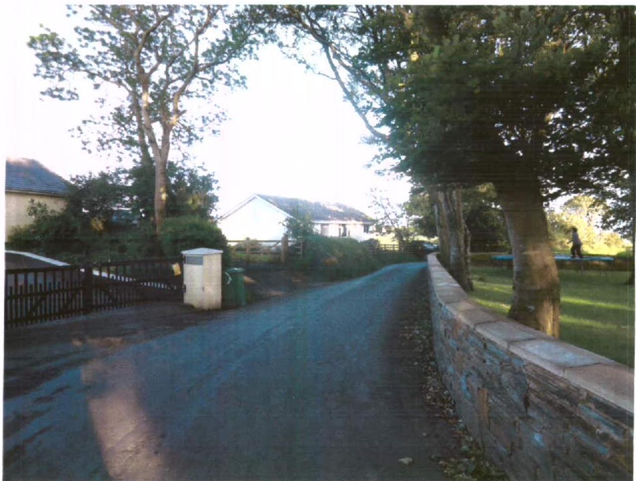 A photograph showing a driveway leading towards a white house in a rural setting, flanked by trees and a stone wall.