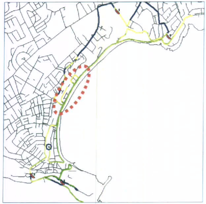 A site location map depicting a coastal area with street layouts and specific routes or boundaries highlighted in red, green, and yellow lines.
