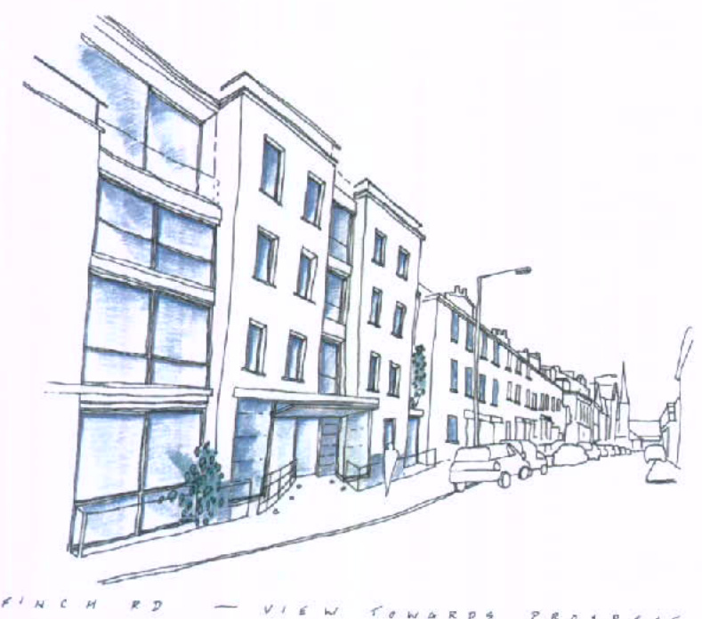 A hand-drawn architectural perspective sketch depicting a row of multi-story buildings along a street with parked cars.