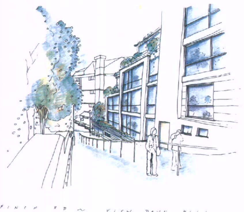 A hand-drawn architectural sketch depicting a street view with modern buildings, trees, and two figures standing in the foreground.