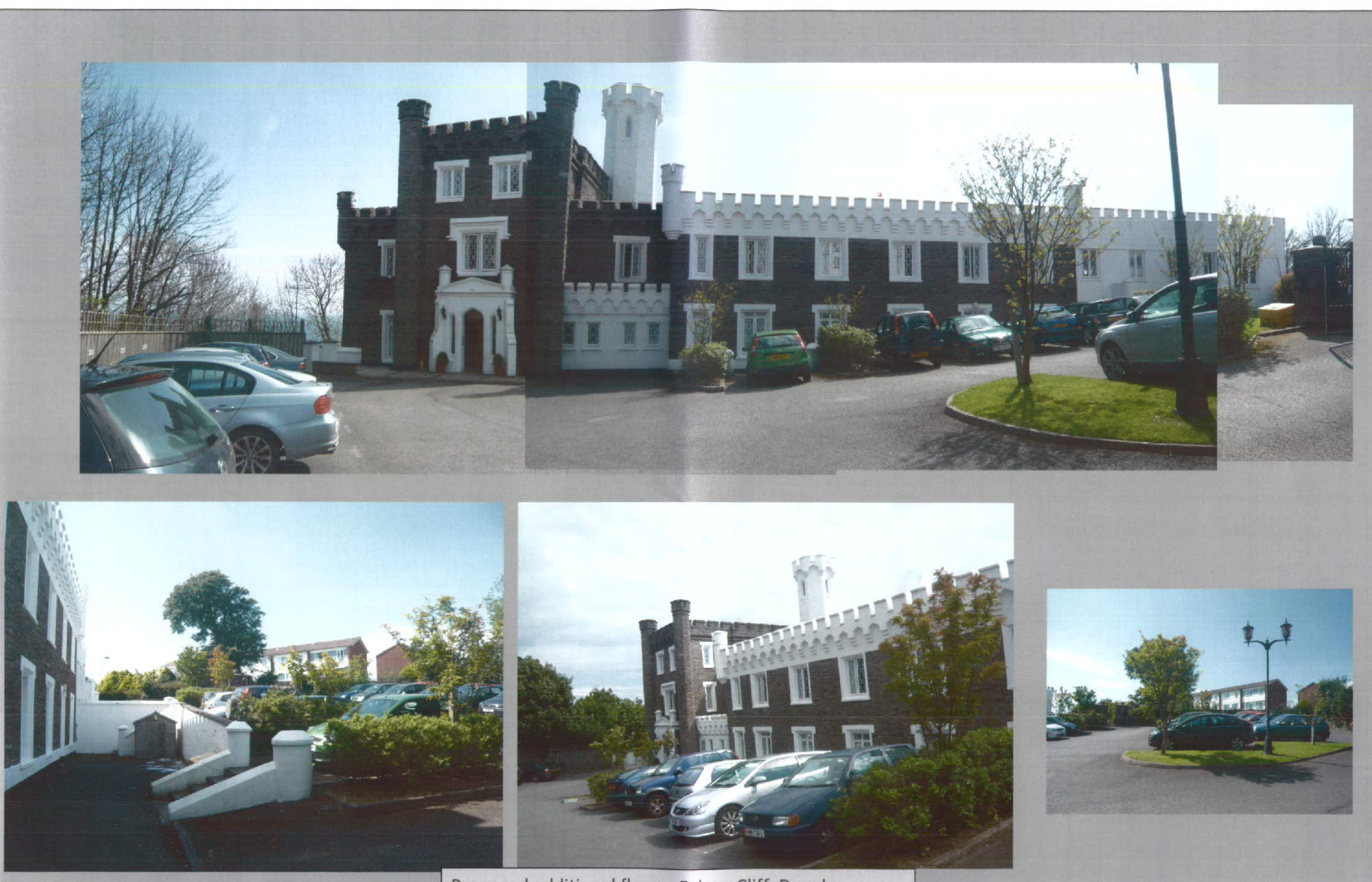 A composite sheet of photographs showing the exterior of a large, castle-style office building with turrets and crenellations. The images display the main building facade, a parking area with cars, and surrounding lan...