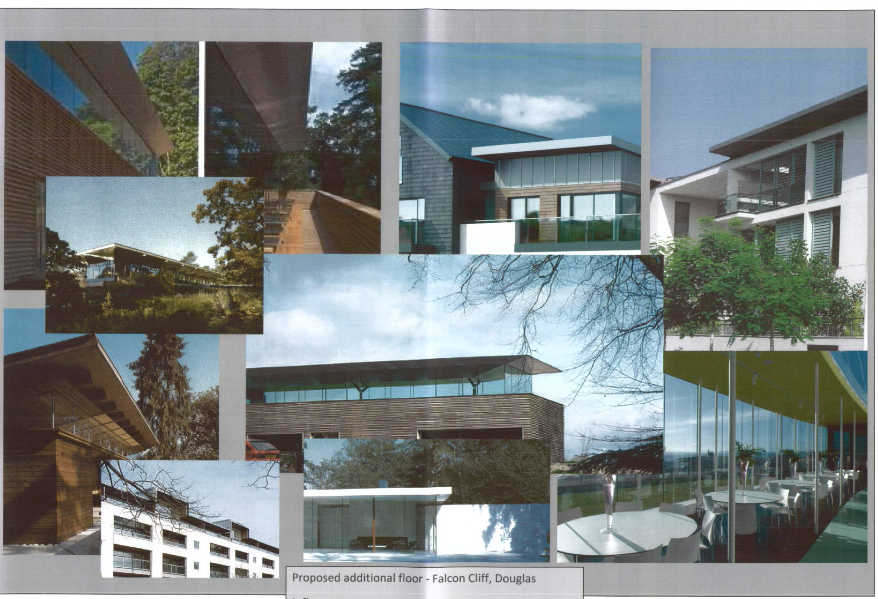 A collage of architectural renderings showing the exterior and interior of a modern office building extension.