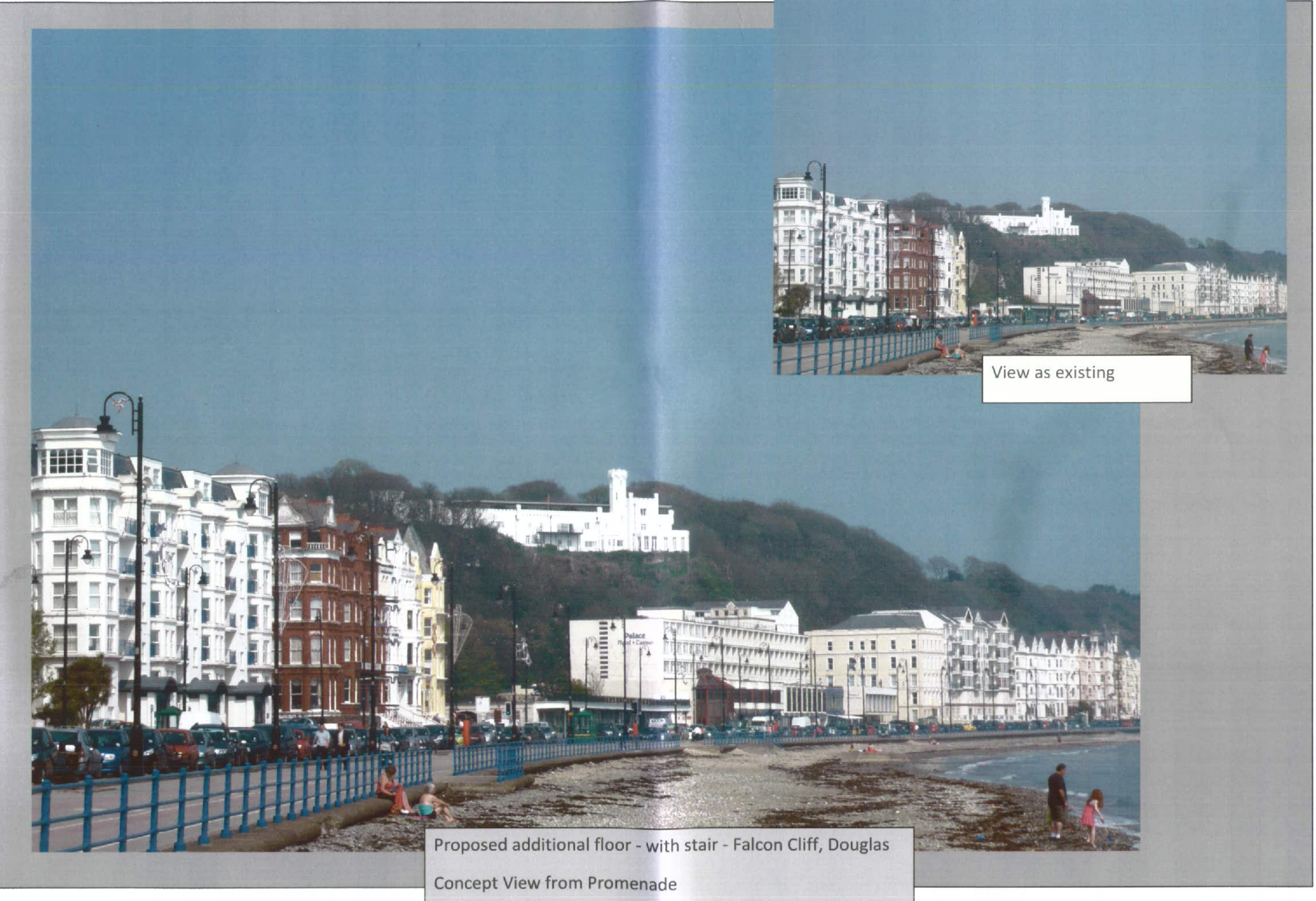 The image displays a concept view of a proposed additional floor on a building at Falcon Cliff, Douglas, alongside an inset 'view as existing' showing the current state.