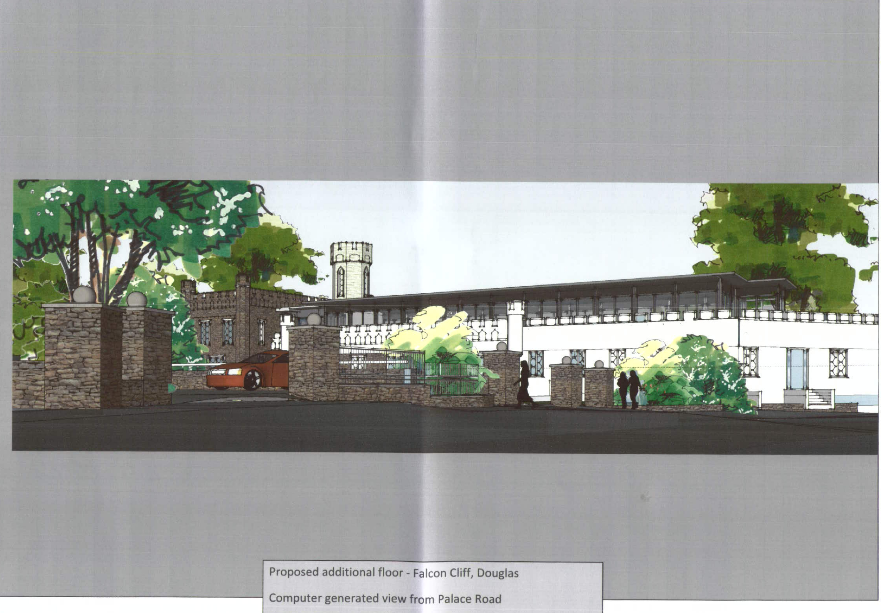 This image is a computer-generated architectural rendering showing a proposed extension to an existing building complex. It depicts a modern white structure with a long horizontal window next to an older stone buildin...