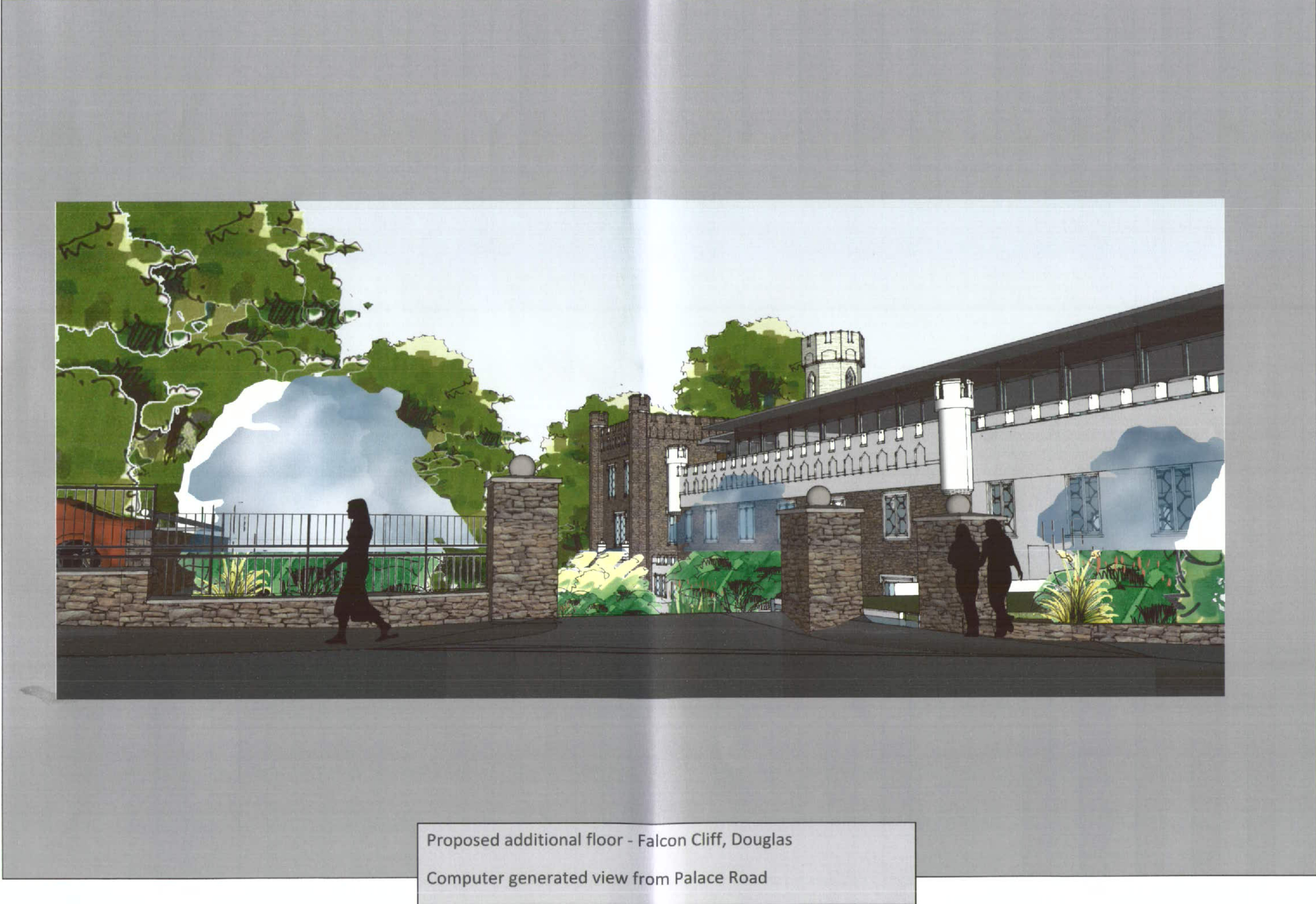 Computer generated perspective rendering showing a proposed additional floor extension to an existing office building with pedestrian silhouettes for scale.