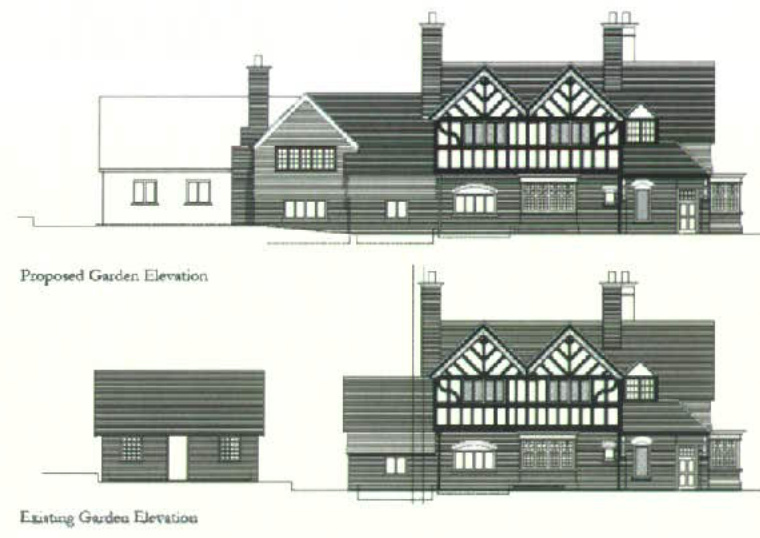 Architectural elevations showing the proposed and existing garden views of a residential property with a timber-framed section.