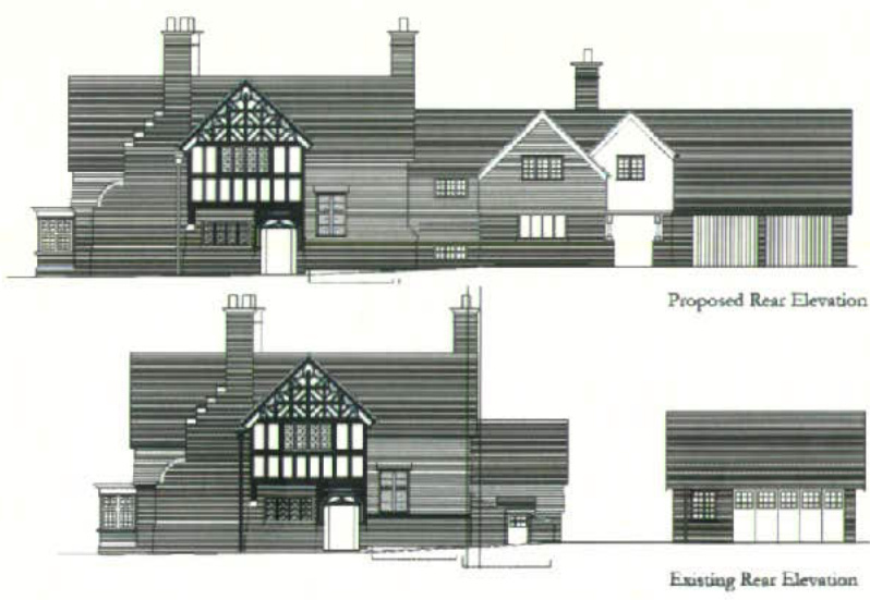 This image displays architectural elevation drawings comparing the existing and proposed rear views of a large residential property. It highlights alterations to the main house structure and the relocation of a garage.