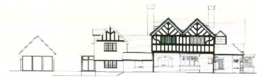 This image displays an architectural elevation drawing showing a proposed extension and replacement garage/carport alongside an existing house with Tudor-style timber framing.