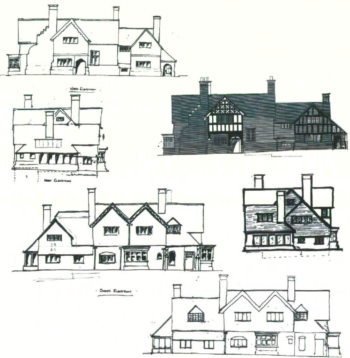 Architectural elevation drawings and a shaded rendering showing the exterior views of a large residential property.