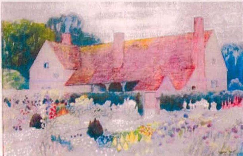 A colorful, somewhat impressionistic image depicting a traditional building with a reddish roof and chimneys, set within a garden landscape.