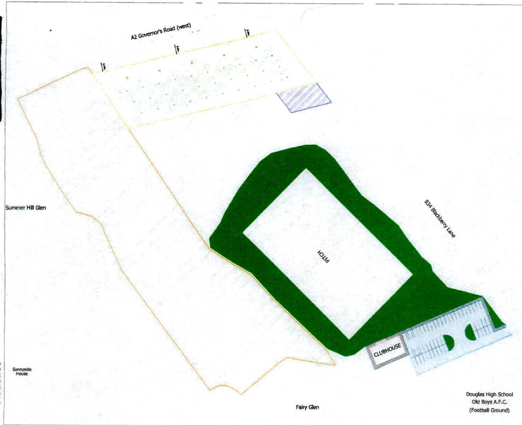 This image displays a site plan for a football ground, illustrating the layout of a pitch, a clubhouse, and parking areas.