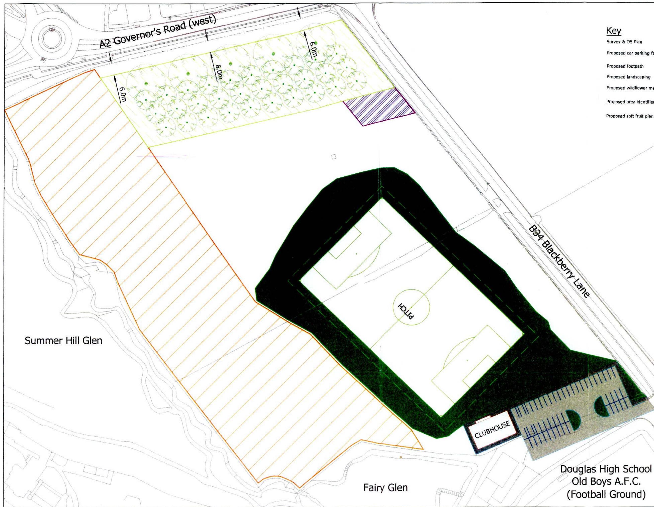 A site plan for the Douglas High School Old Boys A.F.C. football ground, detailing the pitch, clubhouse, parking areas, and surrounding roads like Governor's Road.