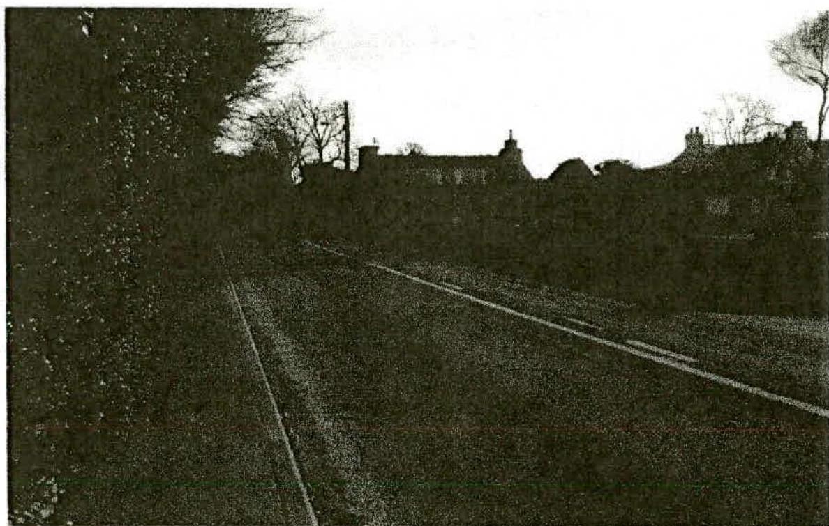 A grainy black and white photograph showing a road with a white line, bordered by vegetation on the left and buildings in the background.