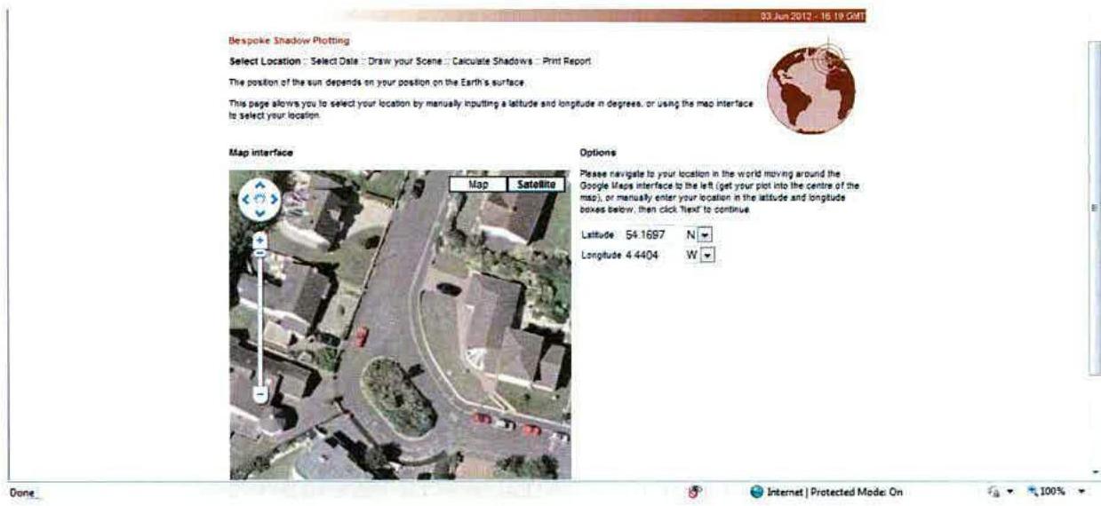 A screenshot of a 'Bespoke Shadow Plotting' web tool displaying an aerial satellite map interface of a residential street with houses and roads.