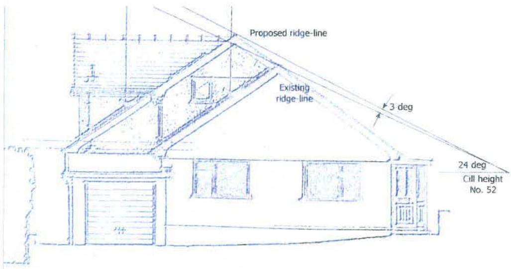 Architectural elevation drawing showing a proposed roof extension with labels for ridge-lines and angles.