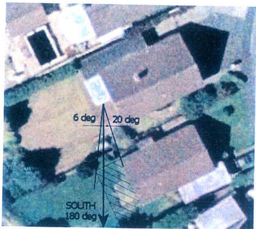 An aerial site plan showing a residential property with overlaid compass direction and sun angle analysis lines.