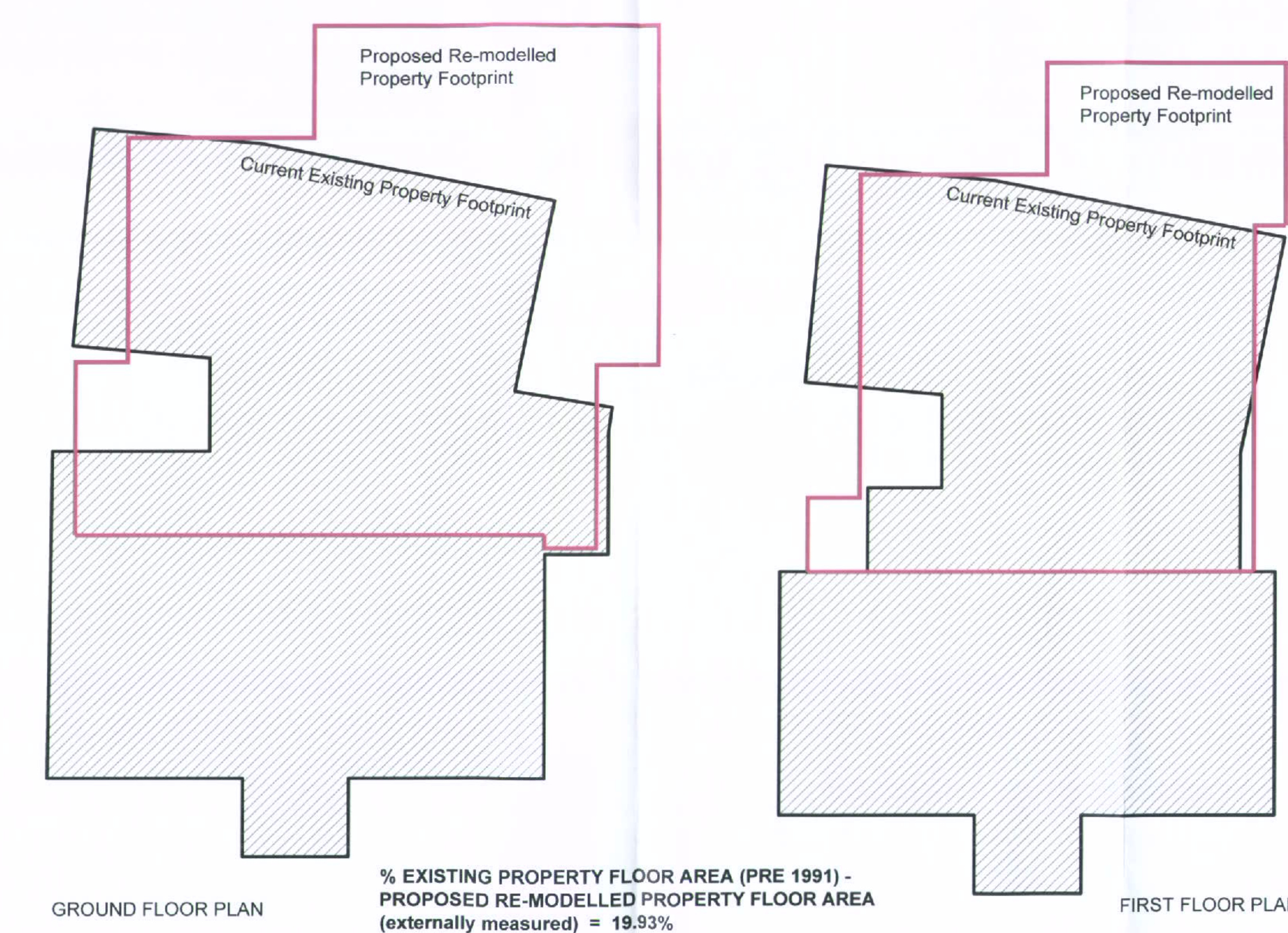 The image displays architectural floor plans comparing the existing property footprint with the proposed re-modelled footprint for both the ground and first floors.