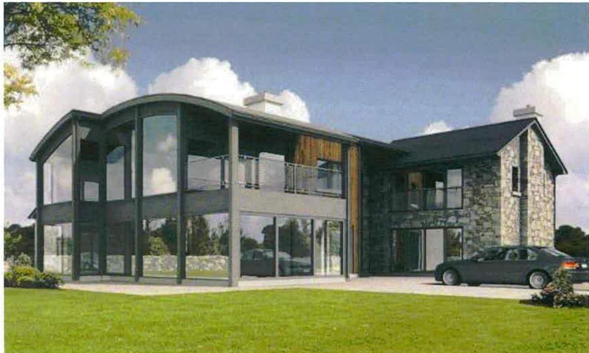 A photorealistic rendering or photograph of a modern two-story detached house featuring a large curved glass extension and a stone wing, with a car parked on the driveway.