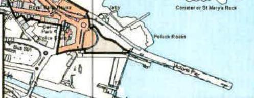 A location map highlighting a specific site boundary in orange near the coast, with visible labels for local landmarks like Pollack Rocks and Admiral Pier.