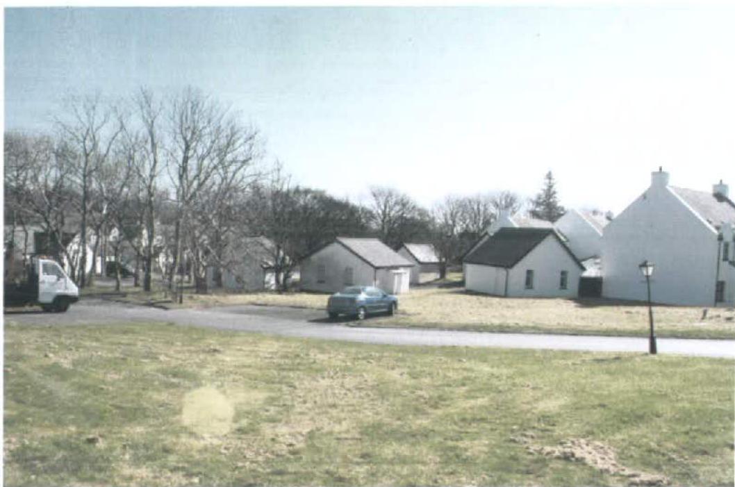 A photograph showing a row of white, single-story houses or cottages situated along a road with parked vehicles and trees in the background.