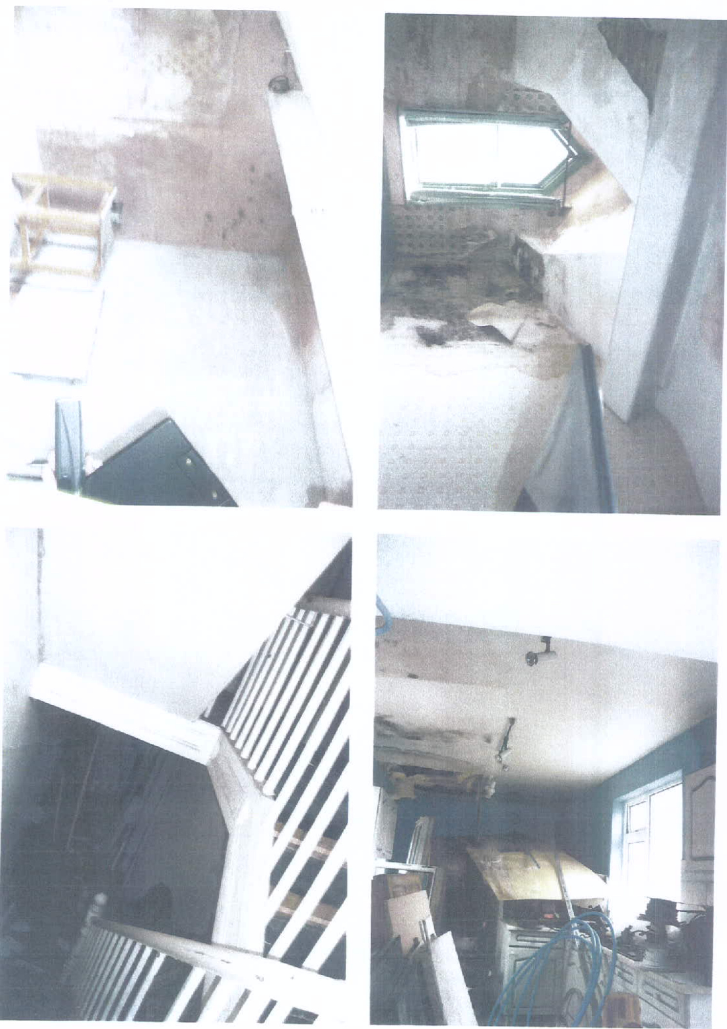 A collage of four interior photographs showing the condition of an existing property, including a staircase, a room with a skylight, and a room with blue walls, likely prior to demolition.