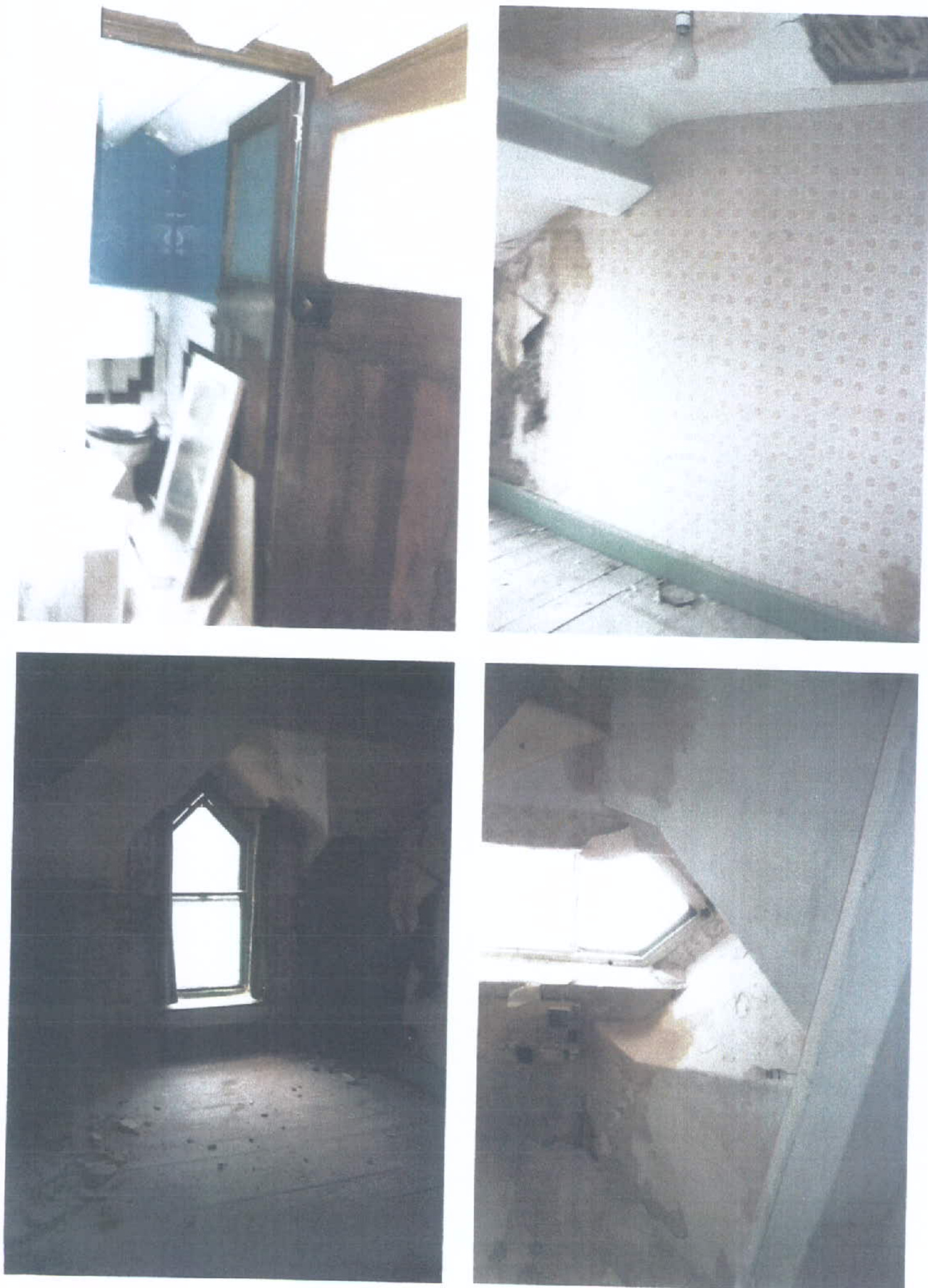 A composite image displaying four interior photographs of an existing property in a state of disrepair, showing peeling wallpaper, exposed lath and plaster, and older window styles.