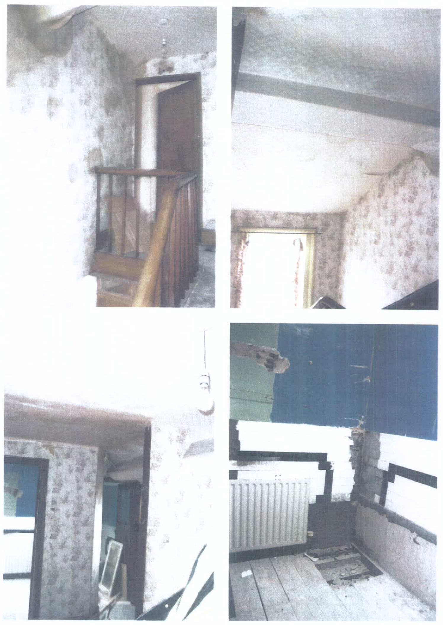 A collage of four interior photographs showing the condition of an existing property, including a wooden staircase, rooms with wallpaper, and a room with exposed floorboards and a radiator.