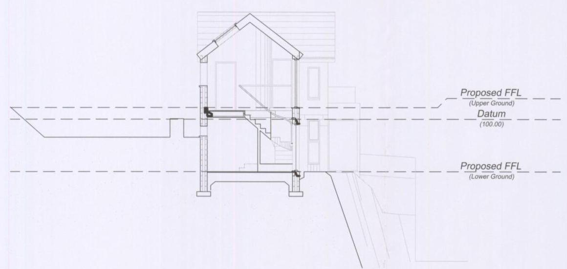 This image displays an architectural section drawing of a proposed building, illustrating internal floor levels, stairs, and structural elements.