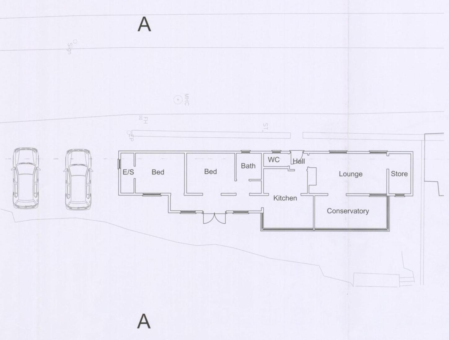 Architectural floor plan showing the layout of a single-storey dwelling with labeled rooms including bedrooms, kitchen, and lounge, along with parking spaces.