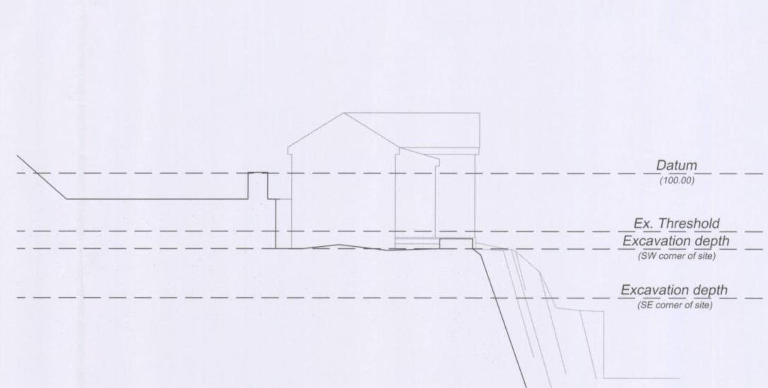 This image displays an architectural section drawing illustrating the proposed building levels and excavation depths relative to the existing ground. It includes annotations for datum points and threshold levels.