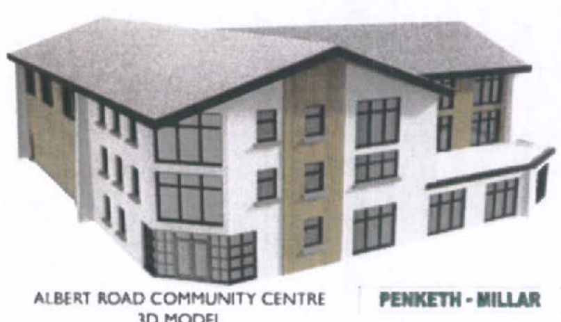 A 3D architectural rendering of a proposed multi-story community centre and office building with a pitched roof and large windows.