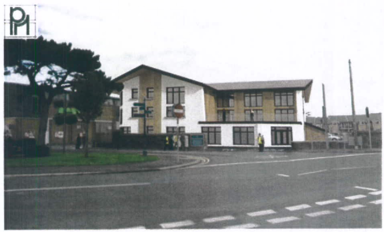 A perspective view of a proposed two-story commercial building with white and tan cladding situated next to a road with road markings.
