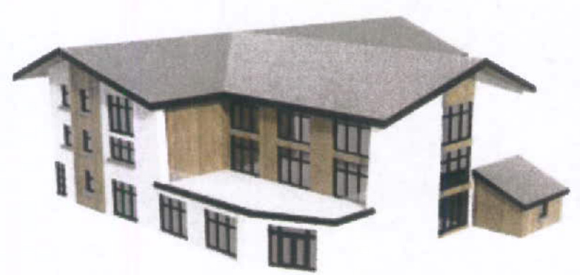A 3D perspective rendering of a proposed multi-story commercial building with a pitched roof and a smaller attached structure.