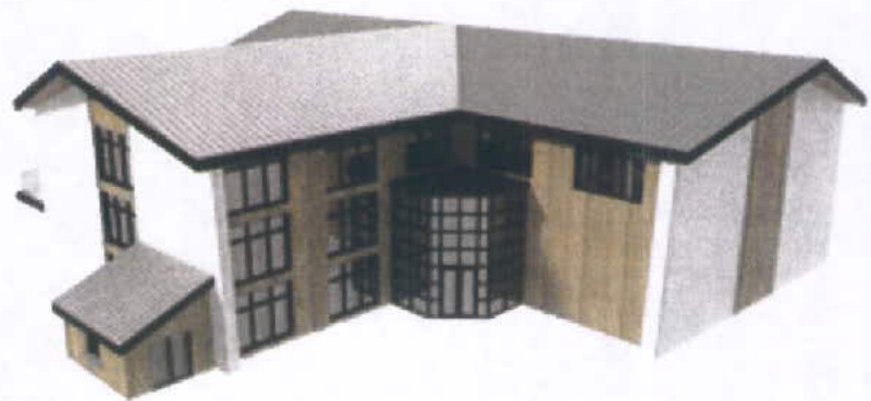 A low-resolution 3D architectural rendering showing the exterior perspective of a proposed multi-purpose building with mixed cladding and a pitched roof.