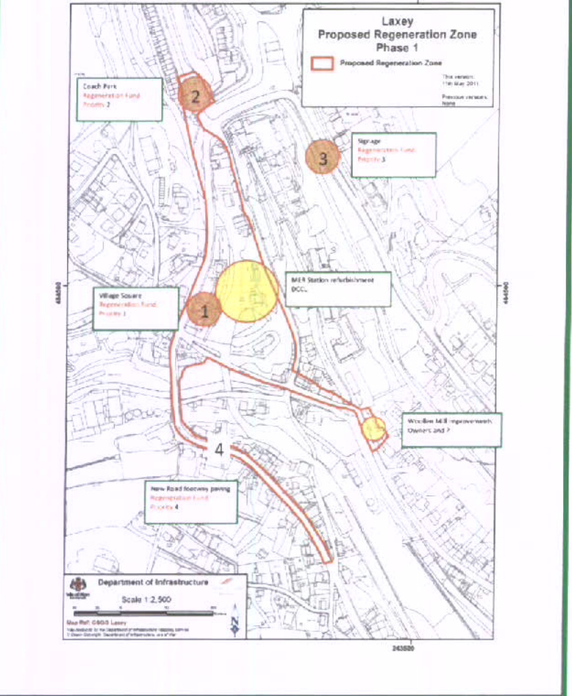 This image shows a site plan titled 'Laxey Proposed Regeneration Zone Phase 1', highlighting various infrastructure projects like a coach park and village square improvements.