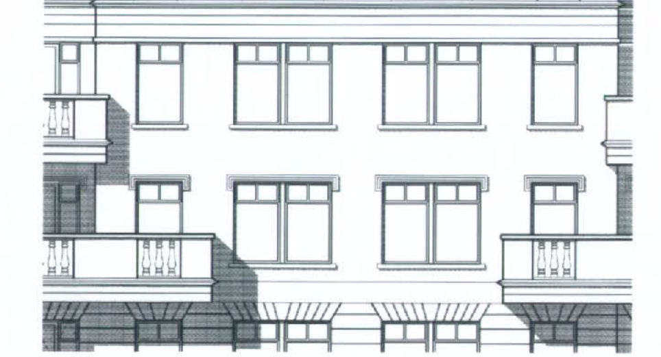 An architectural elevation drawing showing the facade of a multi-story building with windows and balconies.