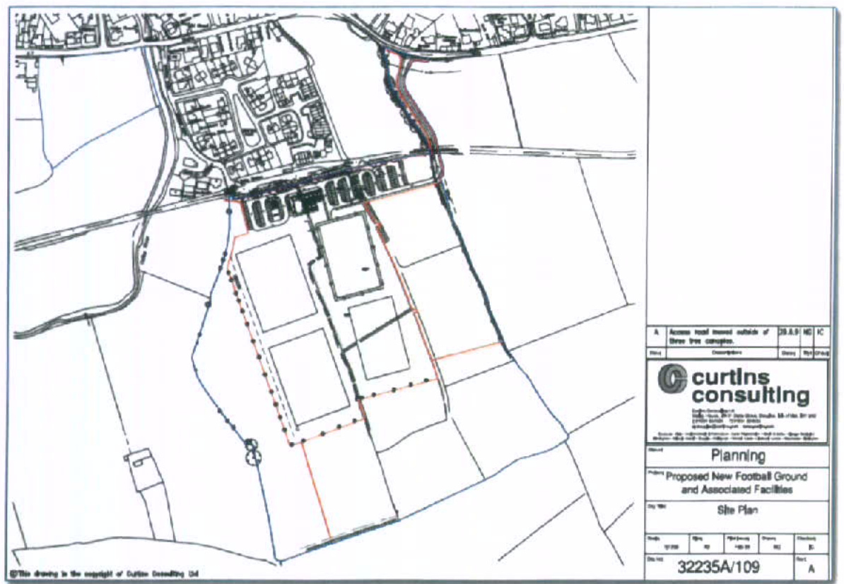 A site plan drawing showing the proposed layout for a new football ground and associated facilities.