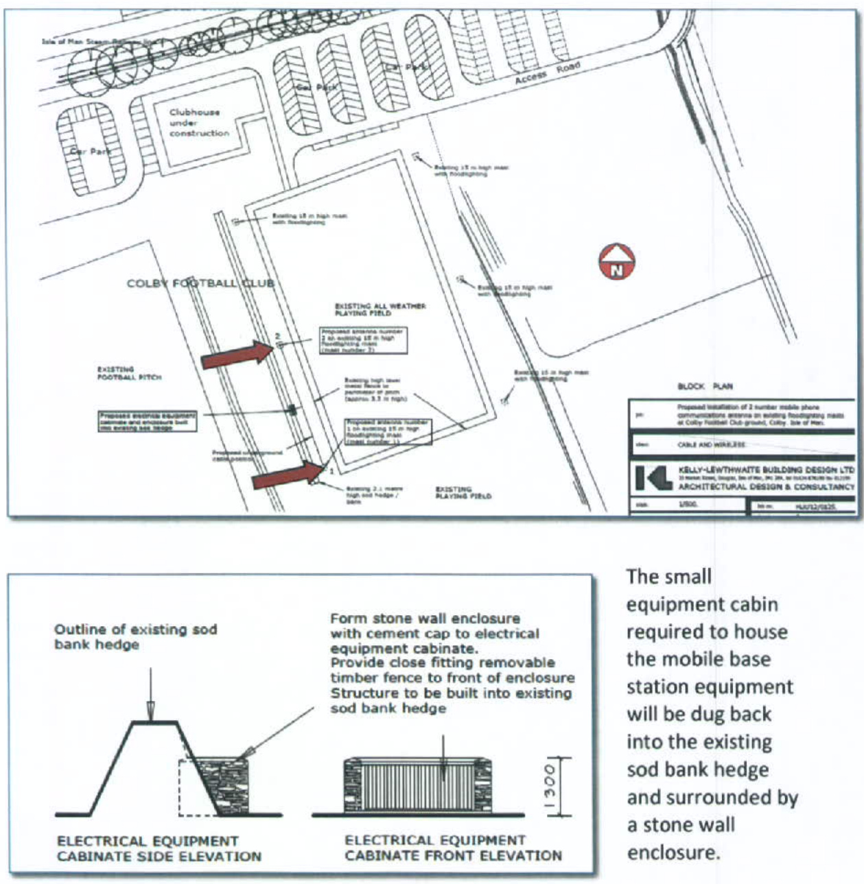 A composite image displaying a block plan for Colby Football Club with proposed antenna locations, alongside detailed elevations and sections for a small electrical equipment cabin enclosure.